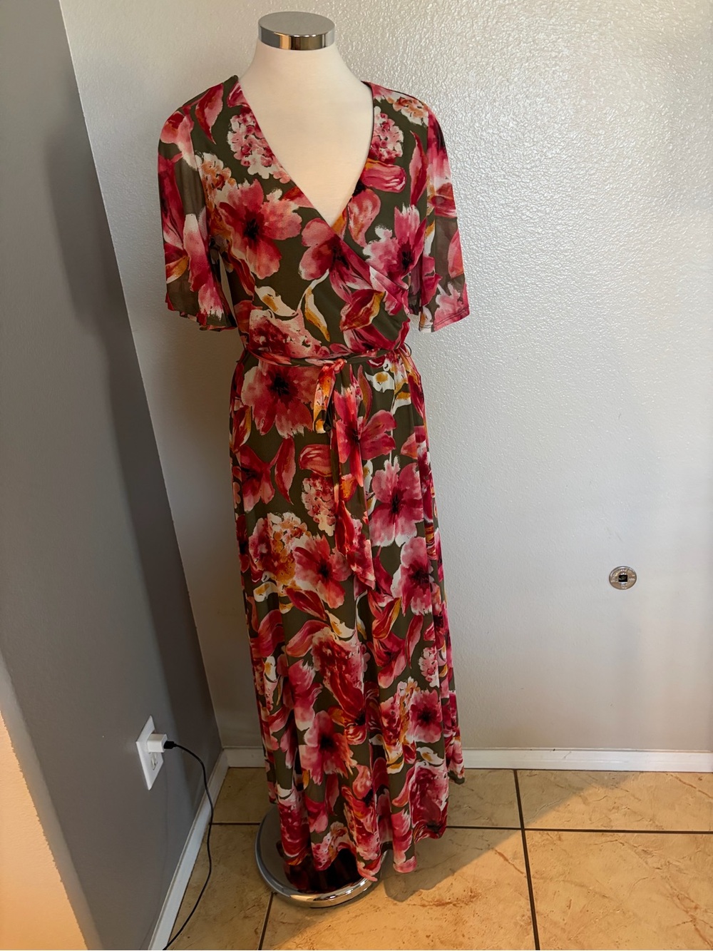 Pink Floral Wrap Maxi Dress in Olive